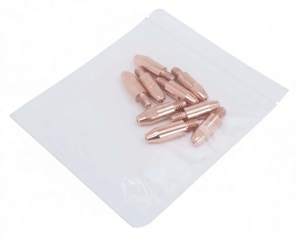 Packaged set of MB25 copper welding tips in a clear bag with SaTra label and 'Contact Tip' text