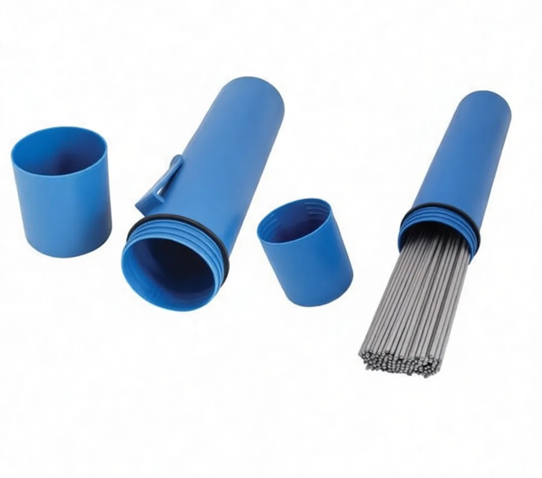 Disassembled blue electrode storage tube next to a bundle of welding rods showing cap, tube and rods