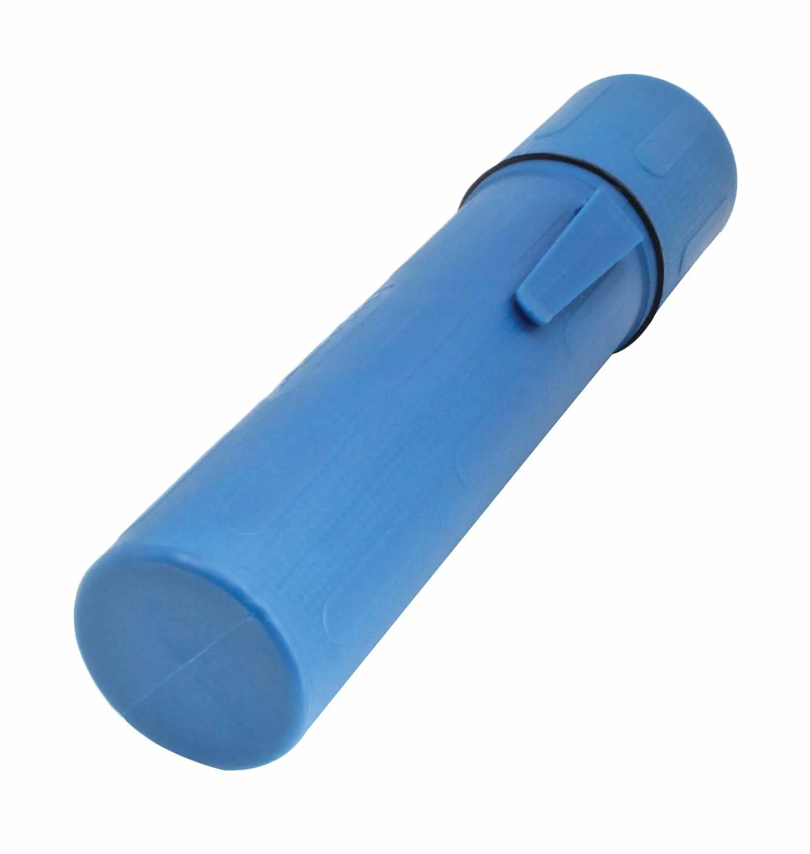 Angled side view of blue welding electrode storage tube showing clip, O-ring and textured surface