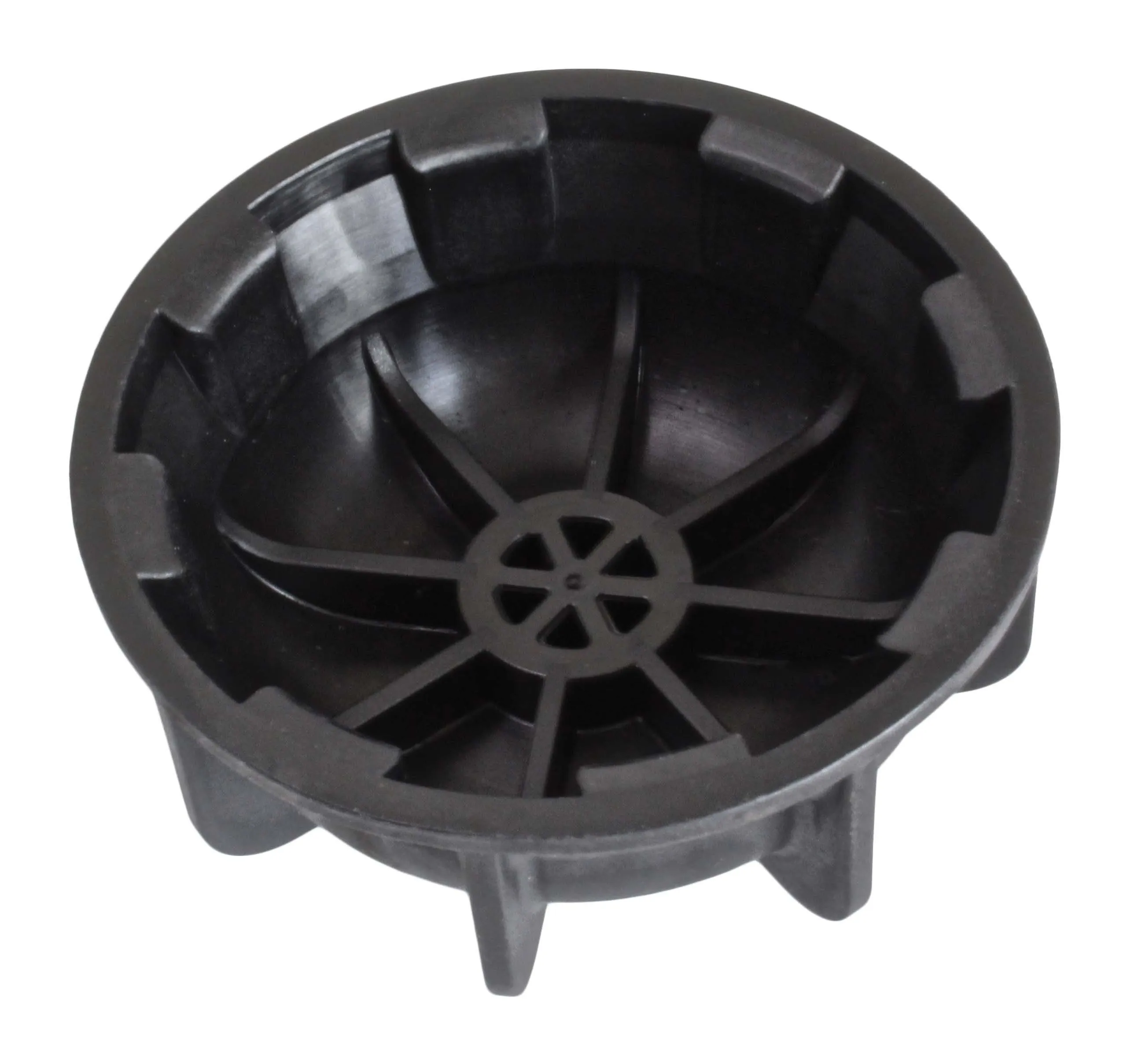 Top view inside black plastic cup showing internal tabs, radial spokes, and central star hub