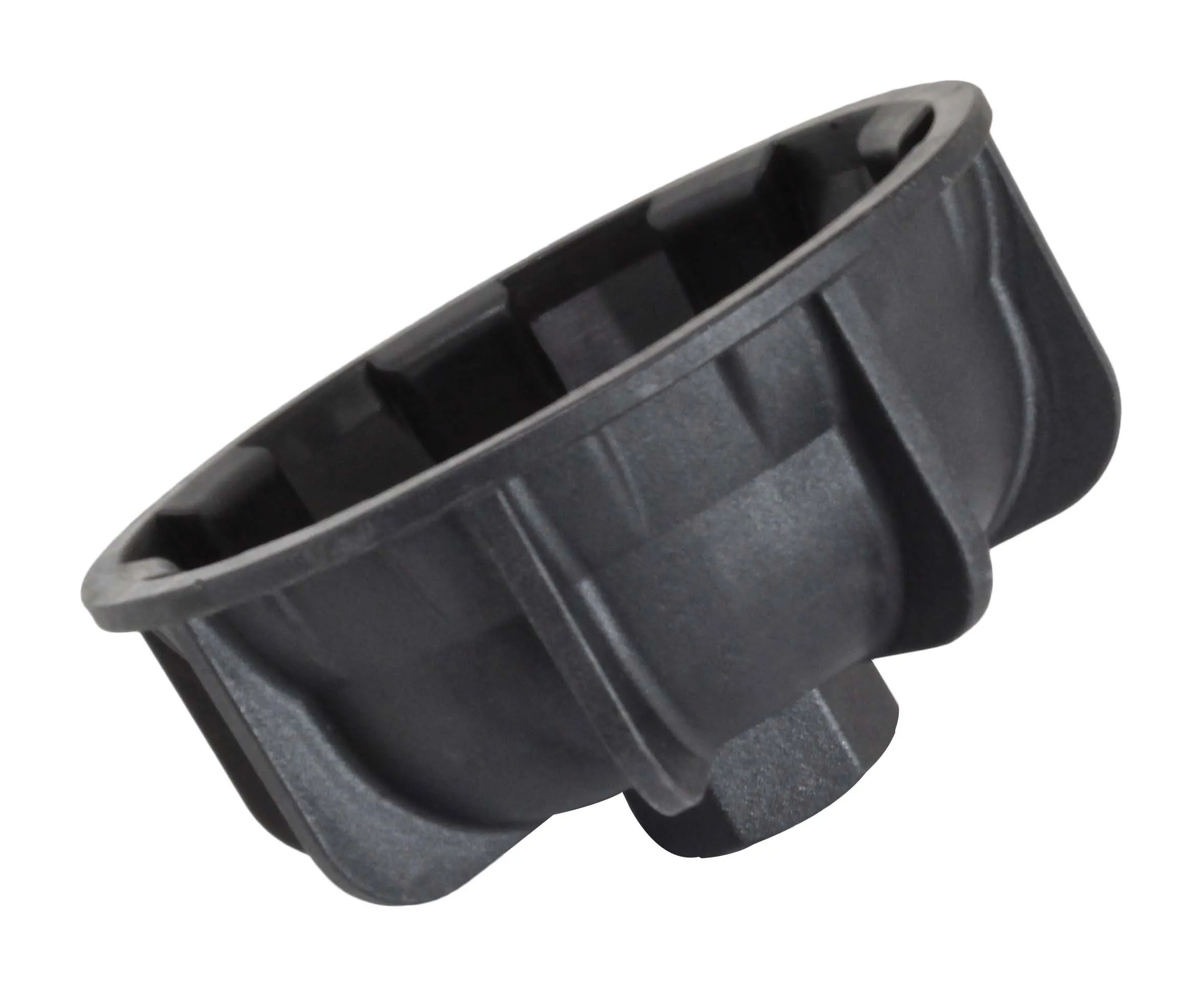 Side angle of black plastic cup wrench showing external ribs and hexagonal drive boss