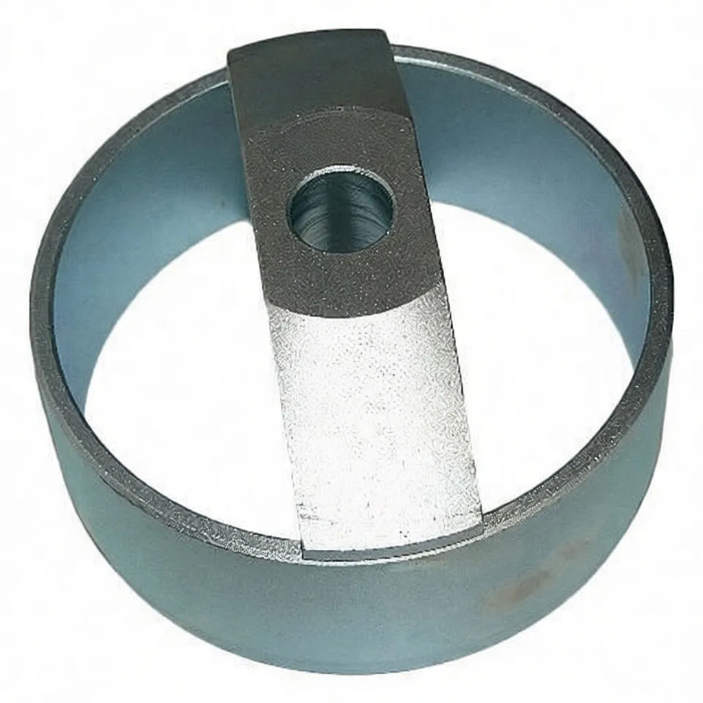 Close-up silver cylindrical sleeve with a flat bar and central bolt hole, stamped 'saTra'