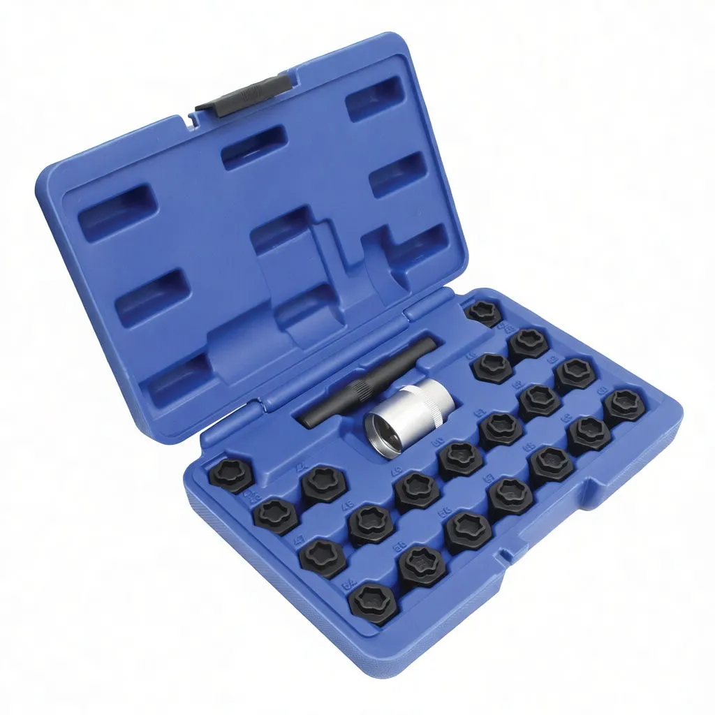 Angled perspective of an open blue case showing black wheel locking keys, a silver adapter and a black T-bar driver.