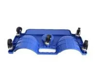 Bottom view of blue knee pad showing four swivel caster wheels, curved knee recesses, central handle and mounting hardware.