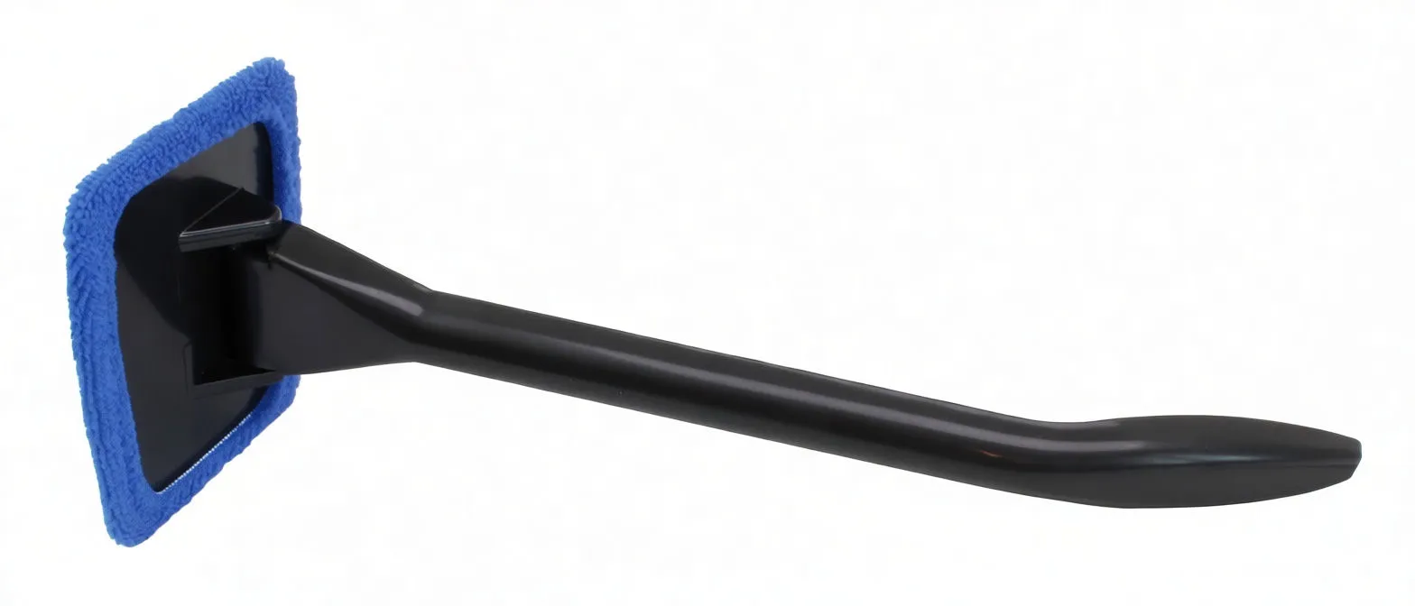 Side view of brush showing rectangular blue microfiber head and long black handle