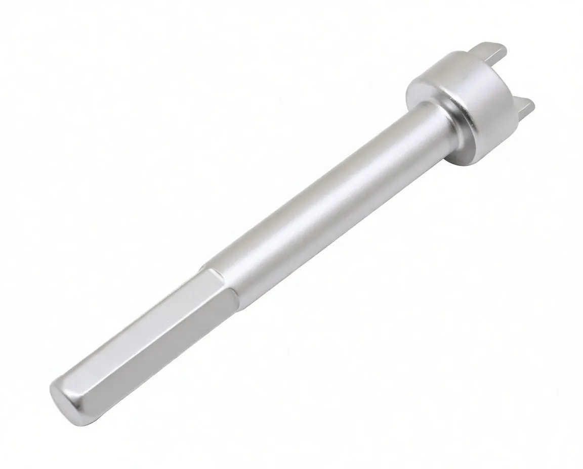 Angled view of silver nozzle adjustment tool showing hex drive, engraved SaTra S-W204K on shaft and slotted four-pronged head