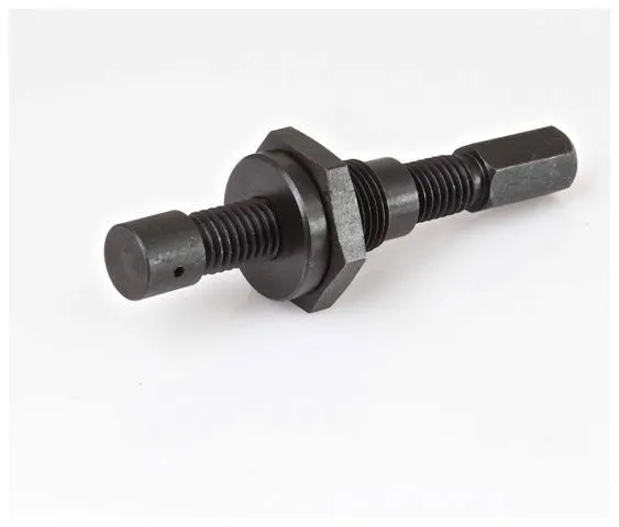 Close-up of black threaded extractor bolt with hex shank, nut and round push tip