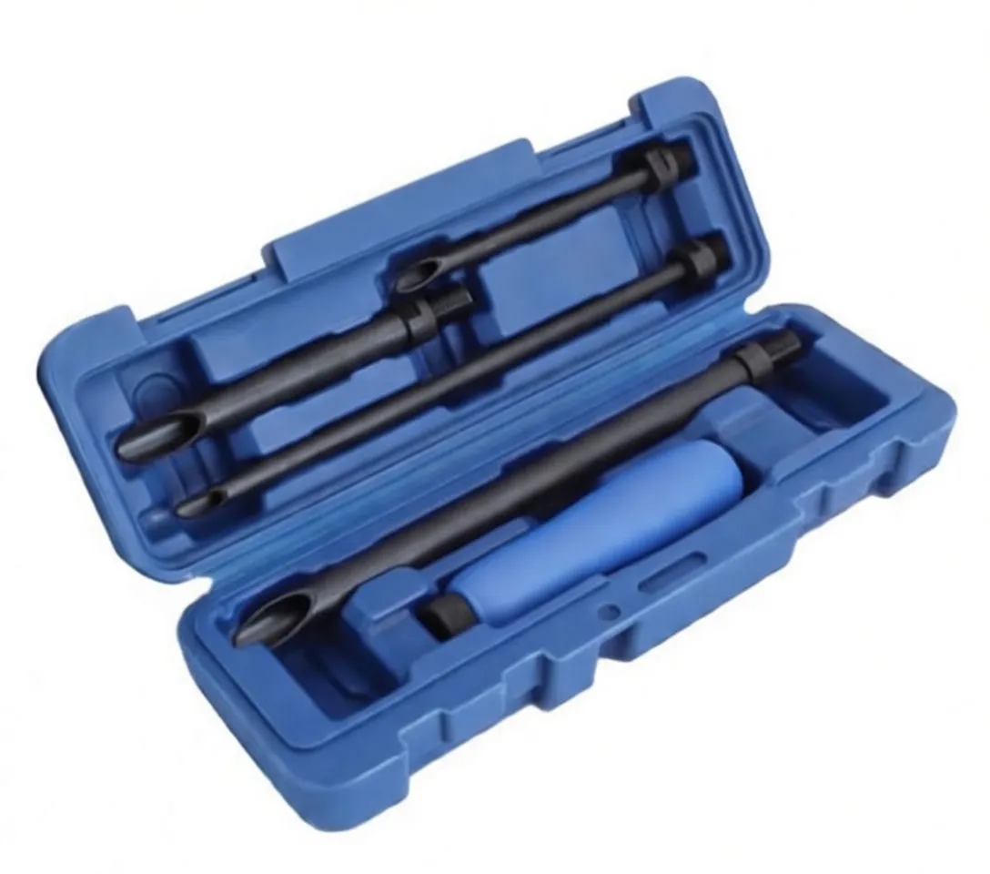 Angled shot of blue tool case with multiple black insertion rods and ergonomic handle
