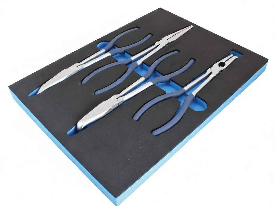 Oblique view of black and blue foam tray with four different long-nose pliers (straight and bent tips), ASTA logo and model labels.