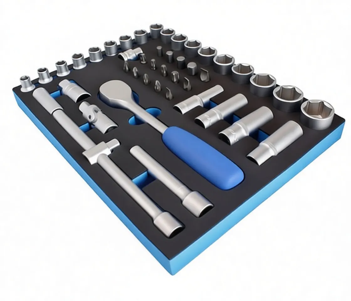 Angled view of a 24-piece socket and ratchet tool set in foam tray showing sockets, extensions and ASTA-branded ratchet