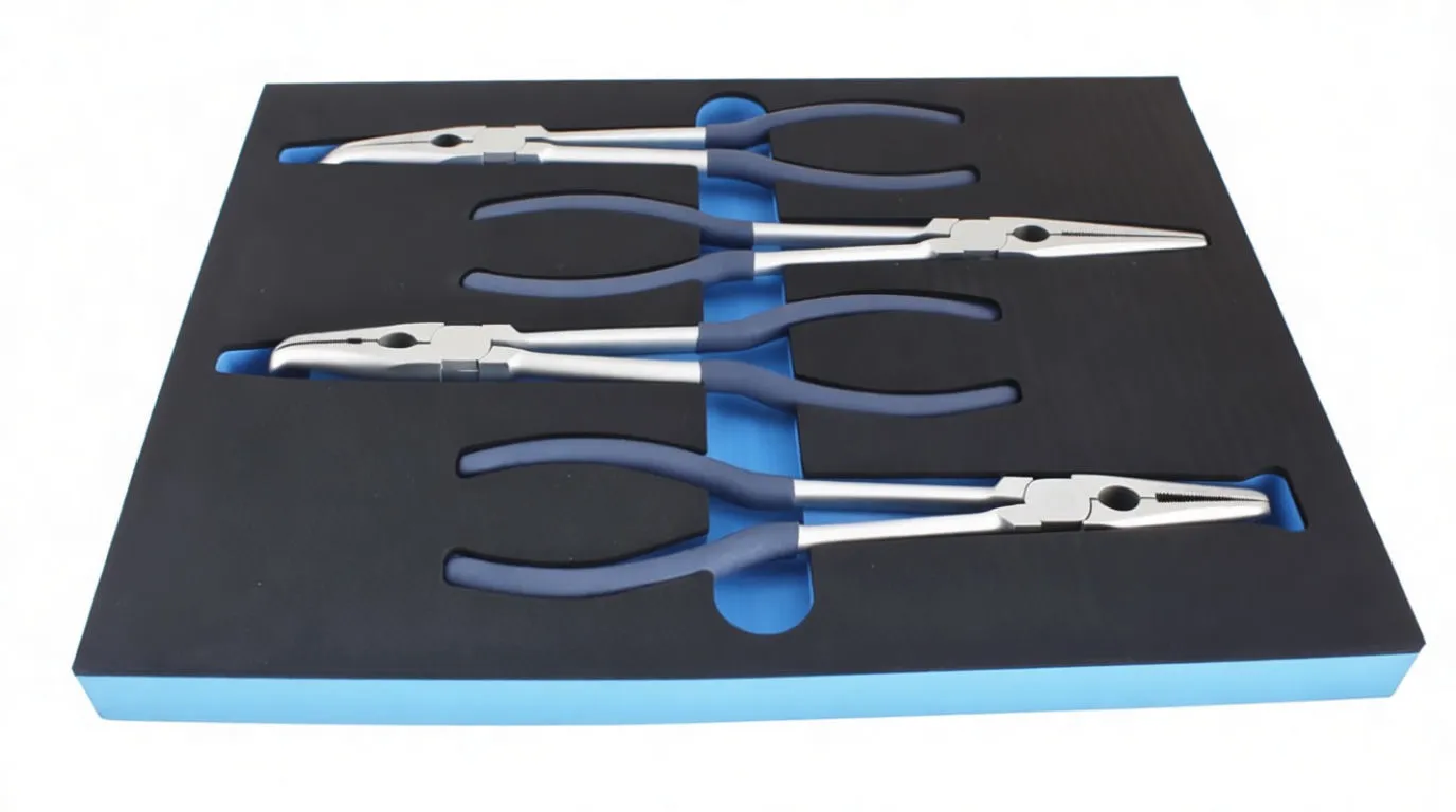 Side view of foam tool tray with four long-nose pliers in cutouts, blue handles and printed ASTA/model text on foam.