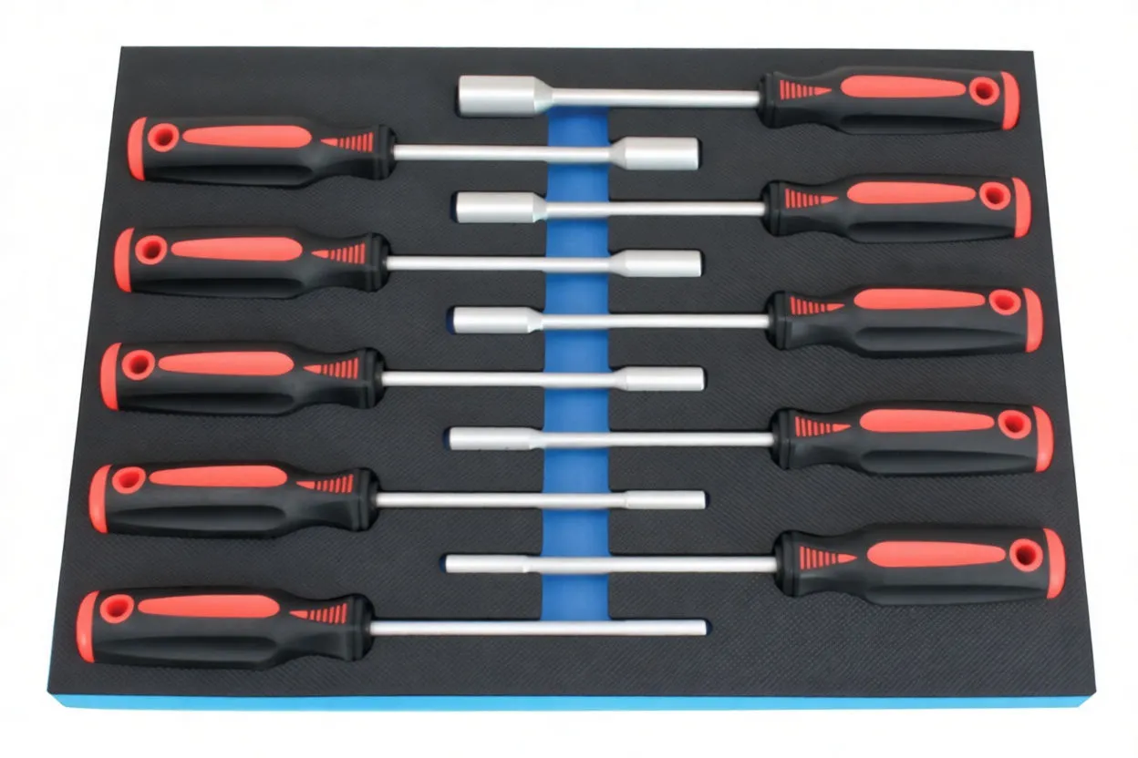 ASTA branded black foam tray with ten nut drivers (black and orange handles), metal shafts and printed size labels