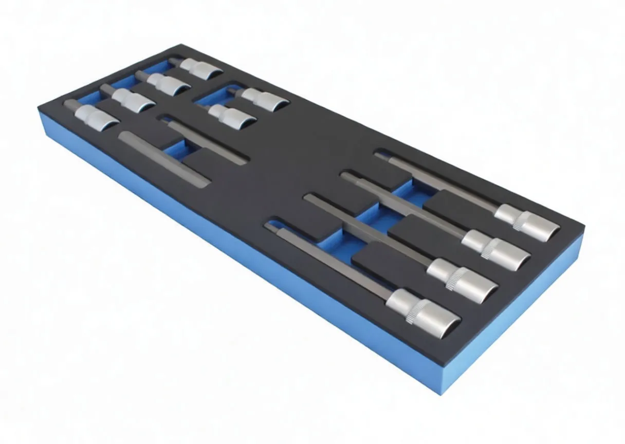 Top view of black and blue foam tray with chrome hex-bit sockets, size markings (H4–H12) and ASTA logo
