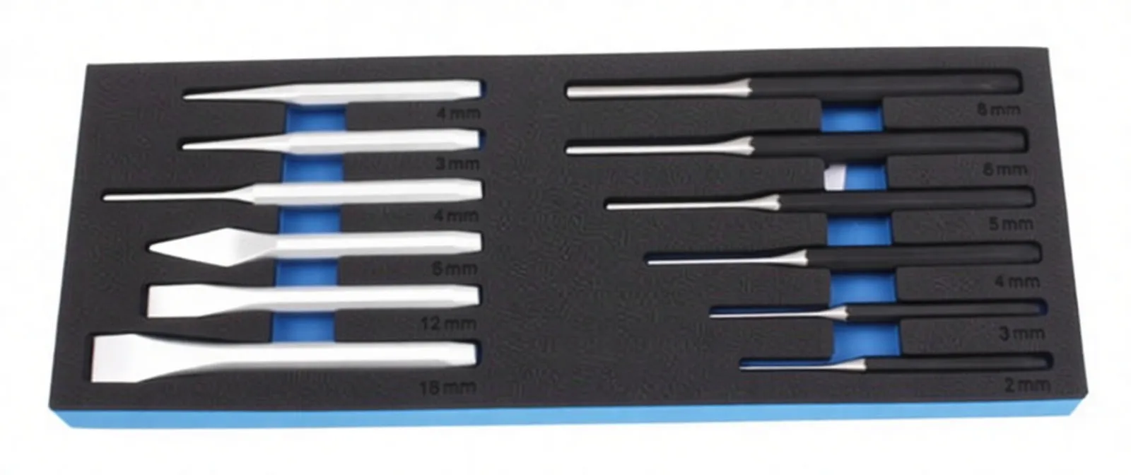 Top-down image of foam tray with six flat chisels on left and six pin punches on right, ASTA logo and mm size markings visible
