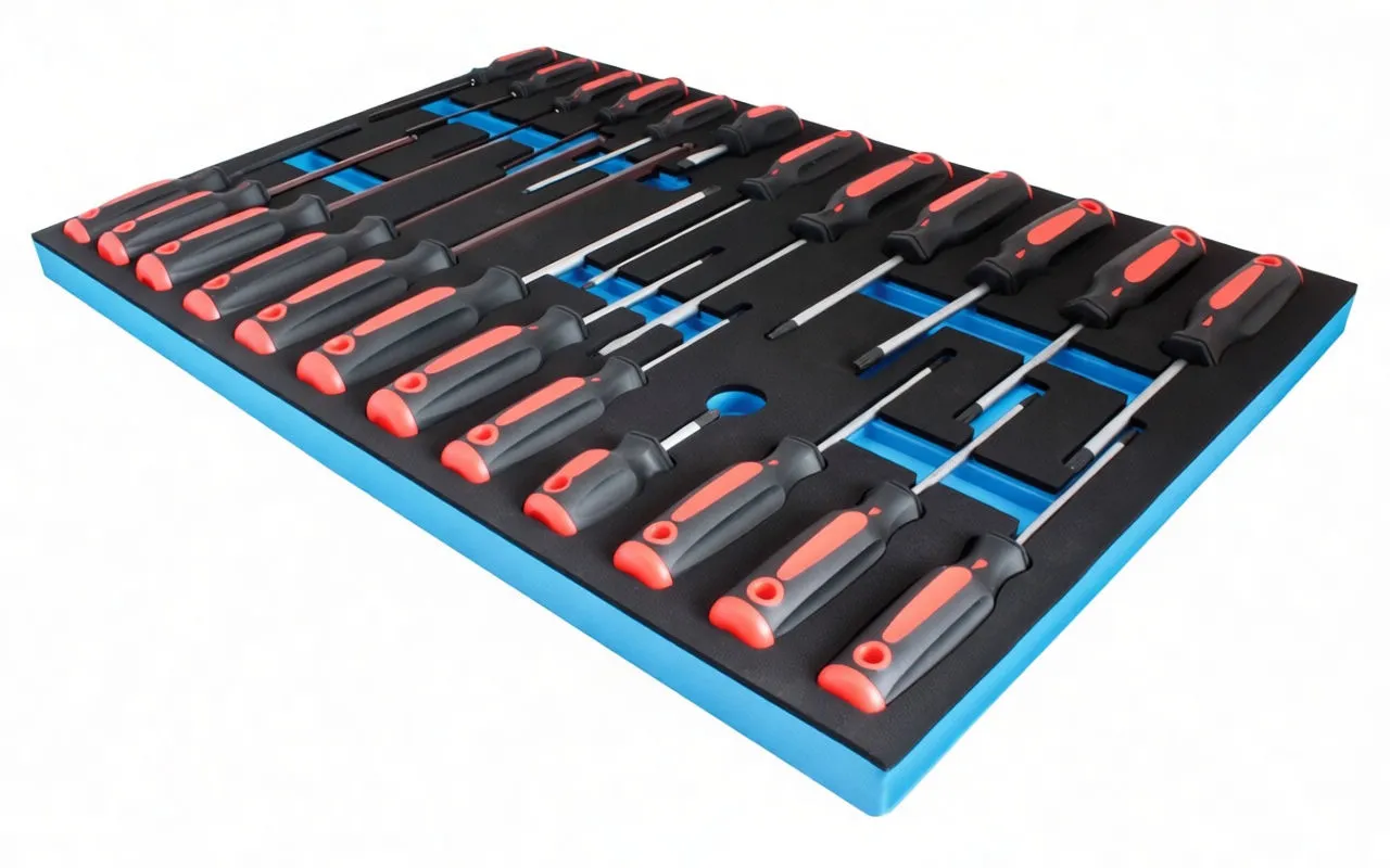 Angled view of a blue-backed foam tray with black top holding multiple red-and-black screwdrivers, showing ASTA marking.