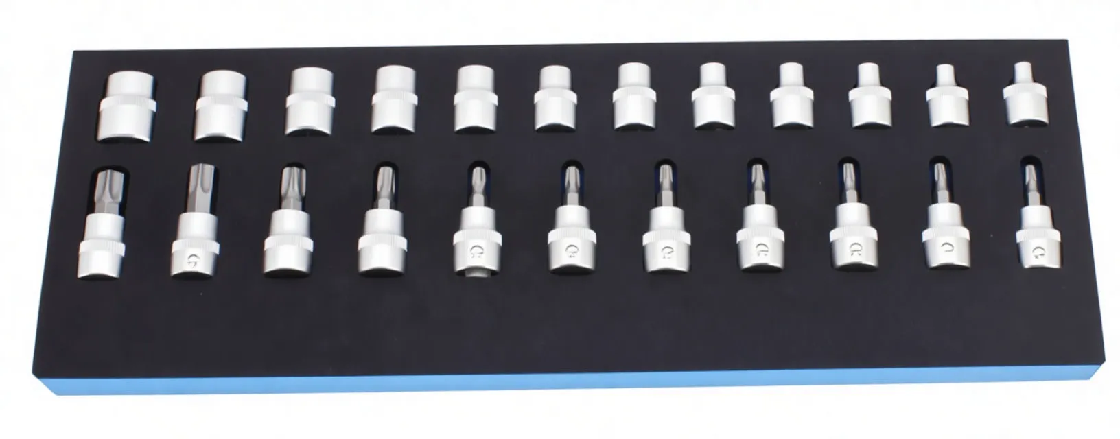 Front view of foam insert with 31 chrome sockets, printed sizes (E4–E20, T10–T60), '103100' and ASTA logo