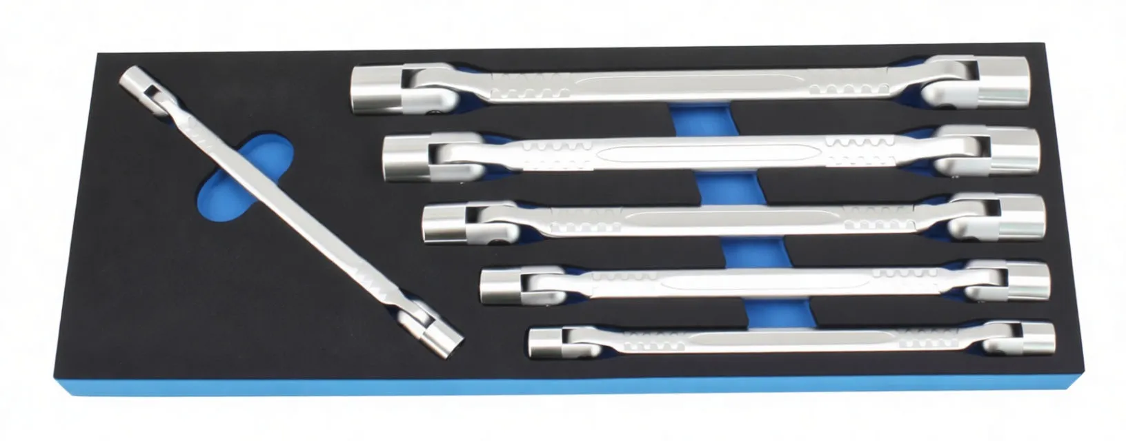 Top view of foam tool tray with chrome double-ended swivel wrenches arranged in labeled cutouts, ASTA logo visible