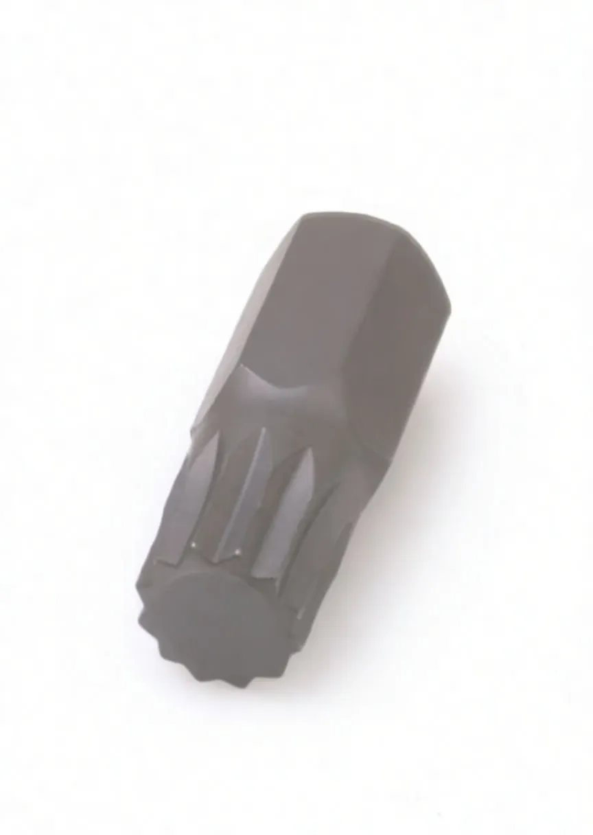 Oblique view of the star-shaped tip of an XZN/triple-square bit with hex shank and dark finish