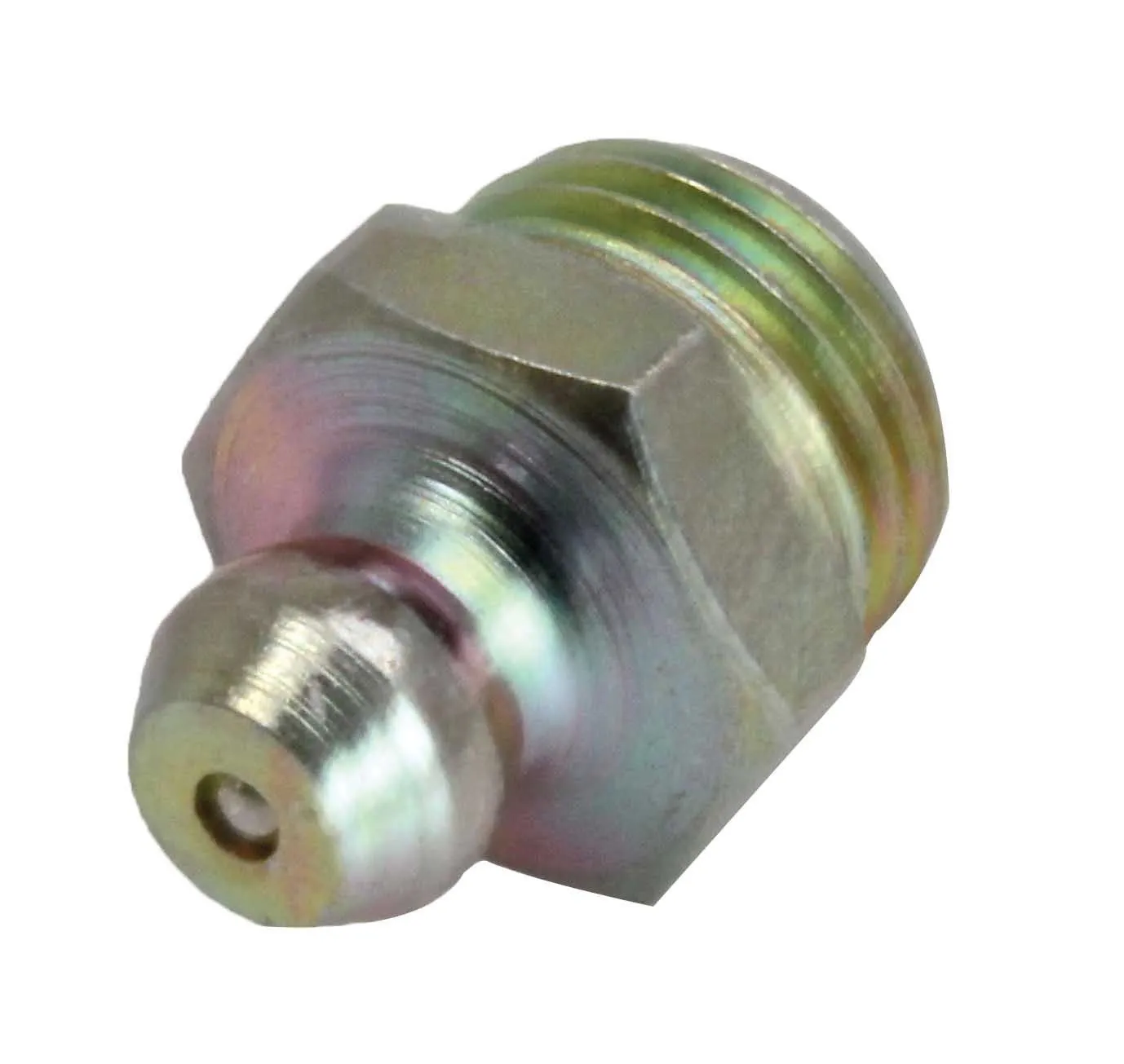 Close-up of a grease fitting showing the rounded nipple, hex flats and threaded shank